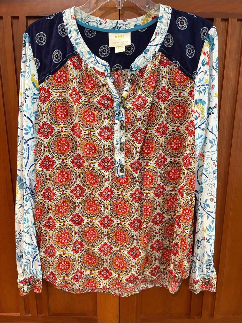 Maeve Multicolor Printed Long-Sleeve Henley Shirt